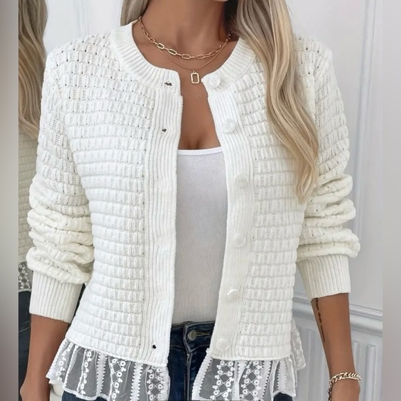 Halo & Harley Sweaters - Elegant White Knit Sweater with Lace Trim